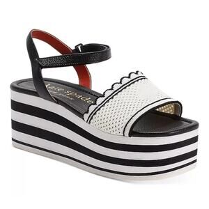Kate Spade High Rise Spade Platform Wedge Sandals 6 B Black White Striped Preppy